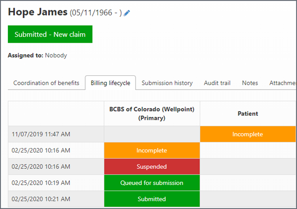 Click the Billing Lifcycle tab on the Claim page to see submitted status.